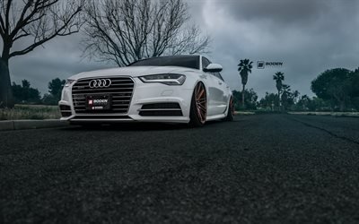 Audi A6, tuning, 2017 cars, Vossen, supercars, low rider, C7, white A6, Audi