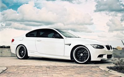 tuning, BMW M3 E92, voitures allemandes, blanc m3, coup&#233;, BMW
