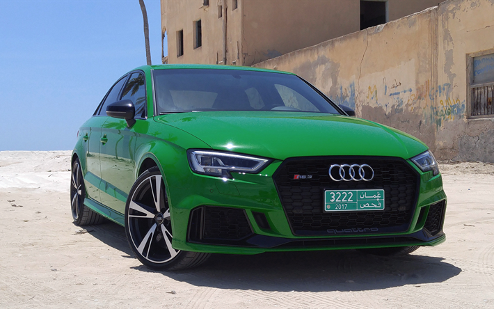 ウディRS3, 4k, 2018両, 緑RS3, 砂漠, ドイツ車, Audi
