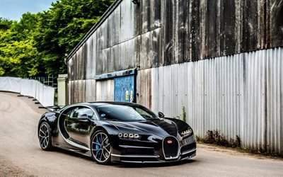 Bugatti Chiron, 2017 voitures, supercars, noir Chiron, hypercars, route, Bugatti