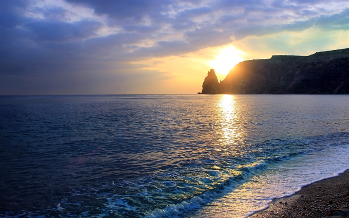 Sunset, Black Sea, Cape Fiolent, Crimea, sea, waves, Sevastopol
