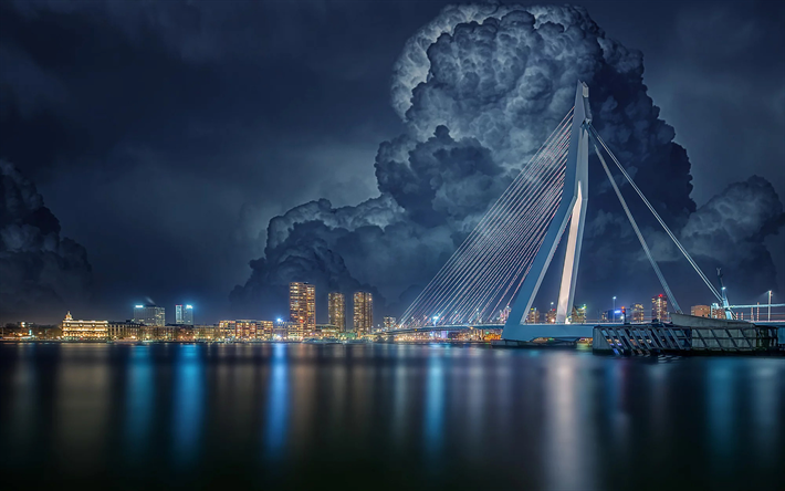 Rotterdam, Erasmus Bridge, night, Maas river, clouds, Netherlands