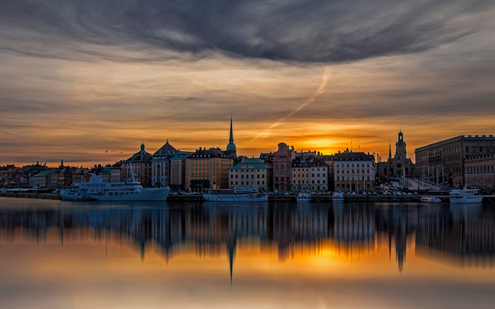 Stoccolma, tramonto, sera, terrapieno, barche, Svezia