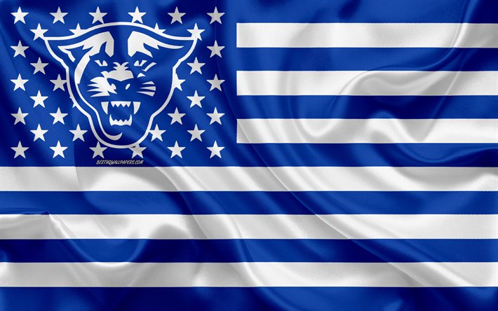 Georgia State Panthers, &#233;quipe de football Am&#233;ricain, cr&#233;atrice du drapeau Am&#233;ricain, bleu et blanc, drapeau, NCAA, Atlanta, G&#233;orgie, &#233;tats-unis, Georgia State Panthers logo, l&#39;embl&#232;me, le drapeau de soie, de footbal