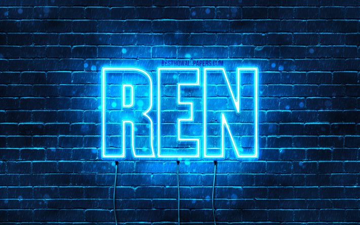 Ren, 4k, pap&#233;is de parede com os nomes de, texto horizontal, Ren nome, Feliz Anivers&#225;rio Ren, popular japon&#234;s nomes masculinos, luzes de neon azuis, imagem com Ren nome