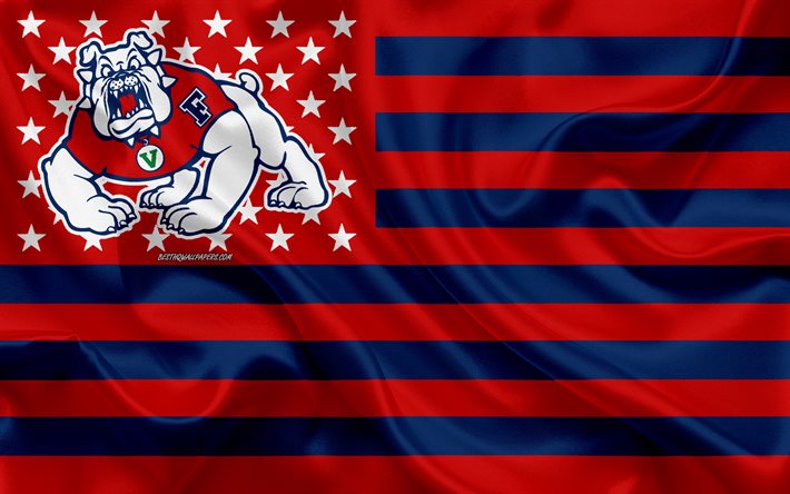 fresno state bulldogs, american-football-team, kreative amerikanische flagge, rot und blau flagge, ncaa, fresno, kalifornien, usa, fresno state bulldogs logo, emblem, seide-flag, american football