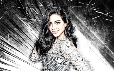 4k, Emeraude Toubia, grunge art, Hollywood, american celebrity, movie stars, beauty, white abstract rays, american actress, superstars, Emeraude Toubia 4K