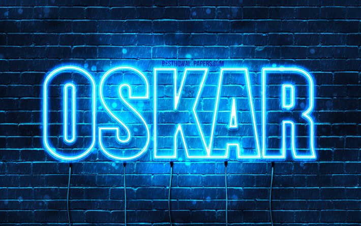 Oskar, 4k, les papiers peints avec les noms, le texte horizontal, Oskar nom, Joyeux Anniversaire Oskar, populaire allemand des noms masculins, bleu n&#233;on, photo avec Oskar nom