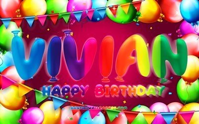 Happy Birthday Vivian, 4k, colorful balloon frame, Vivian name, purple background, Vivian Happy Birthday, Vivian Birthday, popular american female names, Birthday concept, Vivian