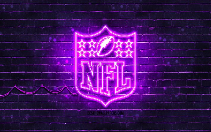 NFL violet logo, 4k, violet brickwall, National Football League, NFL logo, american football league, NFL neon logo, NFL
