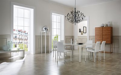 stylish dining room interior design, living room, modern interior design, minimalism, black metal chandelier with candlesticks, white wooden table, round chrome balls
