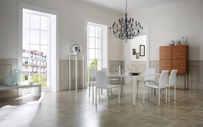 sala de jantar elegante design de interiores, sala de estar, um design interior moderno, minimalismo, black metal candelabro com velas, branco mesa de madeira, rodada chrome bolas