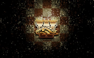Western Michigan Broncos, glitter logo, NCAA, brown checkered background, USA, american football team, Western Michigan Broncos logo, mosaic art, american football, America