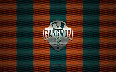 Gangwon FC logo, South Korean football club, metal emblem, orange green metal mesh background, Gangwon FC, K League 1, Gangwon, South Korea, football