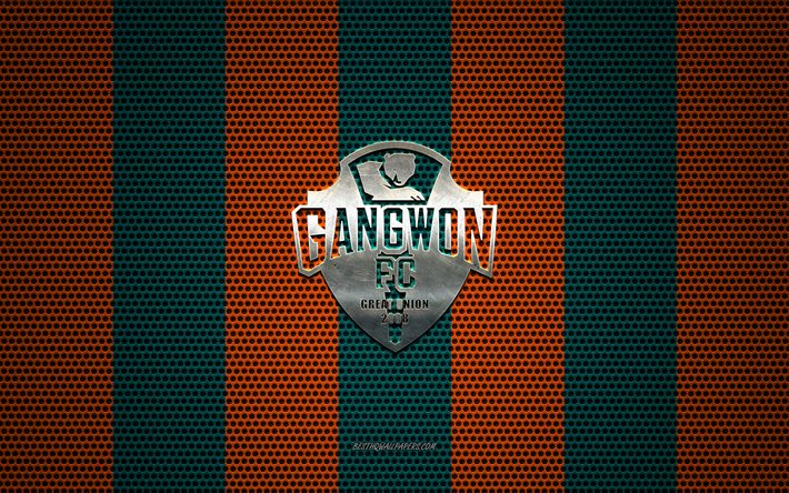 Gangwon FC logo, South Korean football club, metal emblem, orange green metal mesh background, Gangwon FC, K League 1, Gangwon, South Korea, football