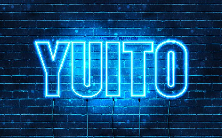 Yuito, 4k, pap&#233;is de parede com os nomes de, texto horizontal, Yuito nome, Feliz Anivers&#225;rio Yuito, popular japon&#234;s nomes masculinos, luzes de neon azuis, imagem com Yuito nome