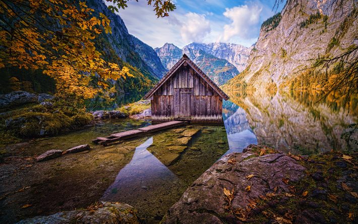 Obersee, 4k, autunno, Parco Nazionale di Berchtesgaden, K&#246;nigssee, montagna, natura, Berchtesgadener Land, Germania, Europa