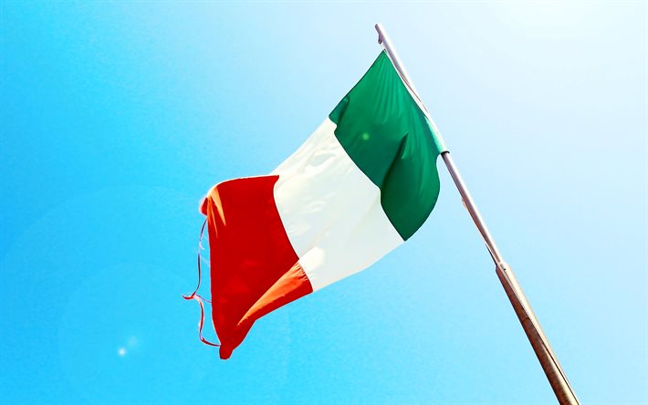 Flag of Italy on a flagpole, blue sky, Italian flag, national symbol, Italy, Flag of Italy