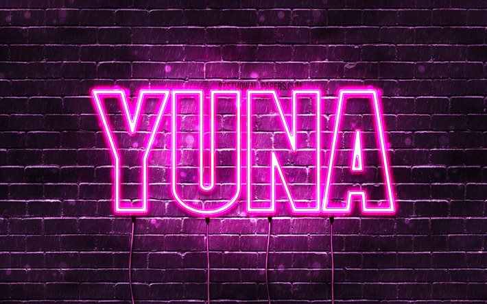 Yuna, 4k, tapeter med namn, kvinnliga namn, Yuna namn, lila neon lights, Grattis P&#229; F&#246;delsedagen Yuna, popul&#228;ra japanska kvinnliga namn, bild med Yuna namn