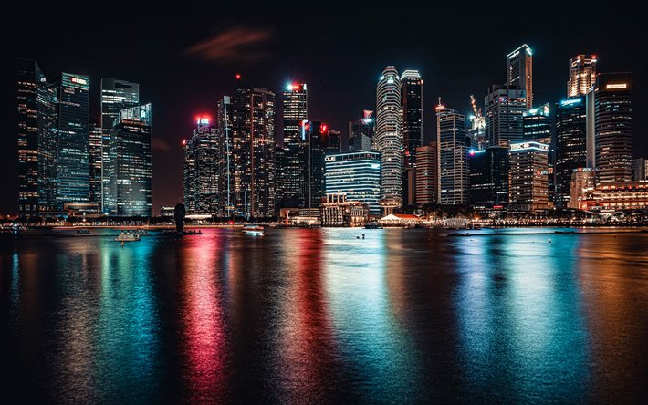 Singapur en la noche, 4k, cityscaoes, paisajes nocturnos, rascacielos, Singapur, edificios modernos, Asia, Singapur 4K