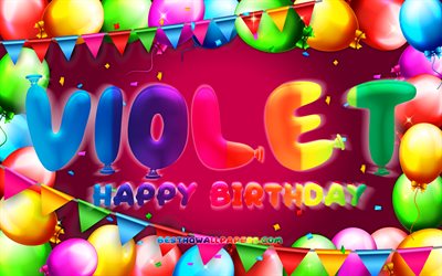 Happy Birthday Violet, 4k, colorful balloon frame, Violet name, purple background, Violet Happy Birthday, Violet Birthday, popular american female names, Birthday concept, Violet