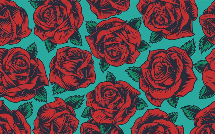 rouge fonc&#233; roses r&#233;tro, texture, roses r&#233;tro arri&#232;re-plan, des roses r&#233;tro, arri&#232;re-plan avec des roses rouges, roses vintage de texture