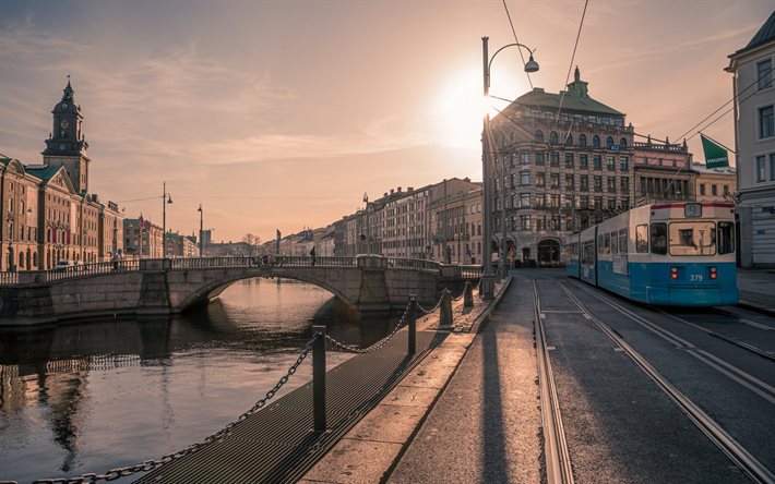 Gotemburgo, noite, p&#244;r do sol, ponte, aterro, azul el&#233;ctrico, Gotemburgo paisagem urbana, Su&#233;cia