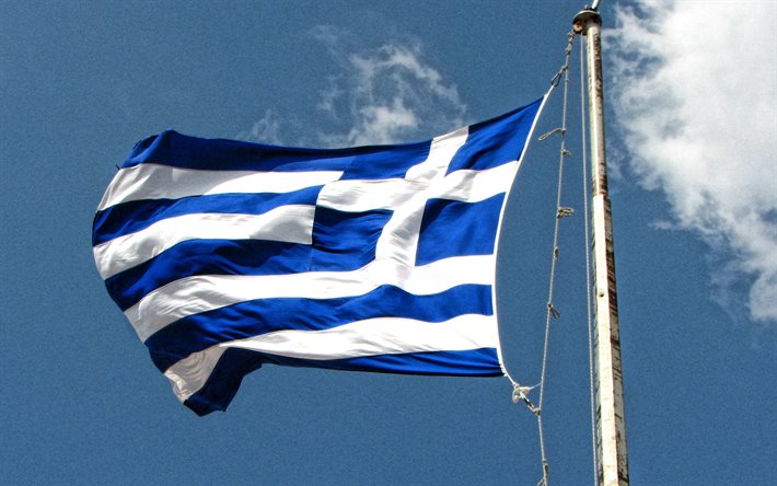 Greece flag, flag of Greece on flagpole, blue sky, flagpole, national symbols, Greece, flag of Greece