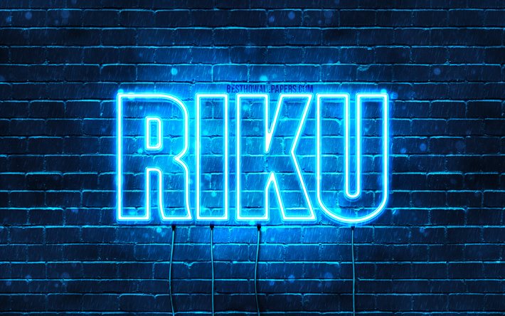 Riku, 4k, pap&#233;is de parede com os nomes de, texto horizontal, Riku nome, Feliz Anivers&#225;rio Riku, popular japon&#234;s nomes masculinos, luzes de neon azuis, imagem com Riku nome