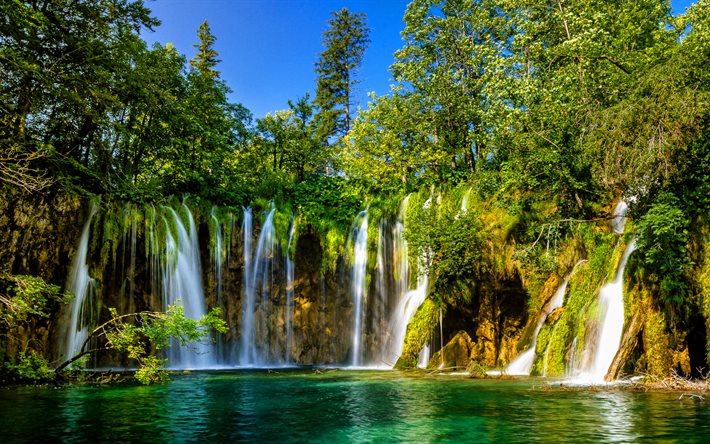 Plitvice湖国立公園, 4k, 滝, 森林, 美しい自然, 経路, HDR, クロアチアのランドマーク, クロアチアの自然, 欧州, クロアチア