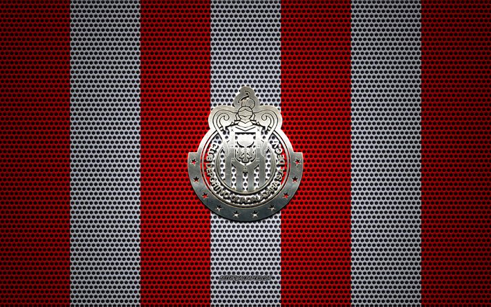guadalajara chivas-logo, mexikanische fu&#223;ball club -, metall-emblem, rot-wei&#223;en metall mesh-hintergrund, cd guadalajara, liga mx, guadalajara, mexiko, fu&#223;ball, club deportivo guadalajara