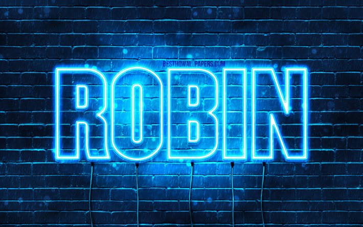 Robin, 4k, fondos de pantalla con los nombres, el texto horizontal, Robin nombre, Feliz Cumplea&#241;os Robin, popular alem&#225;n macho de nombres, luces azules de ne&#243;n, de la imagen con el nombre de Robin