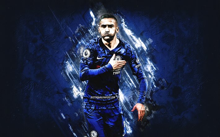 Hakim Ziyech, Chelsea FC, Marocchino di calcio, giocatore, portrait, pietra blu di sfondo, la Premier League, Inghilterra, calcio