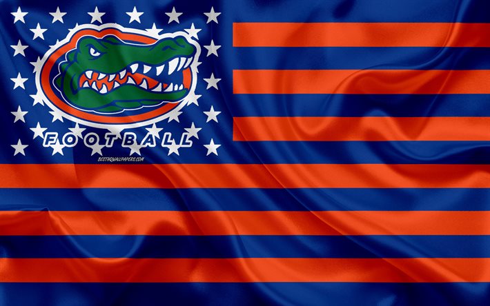 フロリダGators, アメリカのサッカーチーム, 創アメリカのフラグ, 青色のオレンジフラグ, NCAA, ゲーンズビル, フロリダ, 米国, フロリダGatorsロゴ, エンブレム, 絹の旗を, アメリカのサッカー