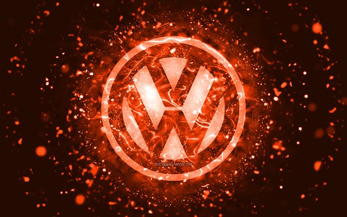 Volkswagen turuncu logosu, 4k, turuncu neon ışıkları, yaratıcı, turuncu soyut arka plan, Volkswagen logosu, otomobil markaları, Volkswagen