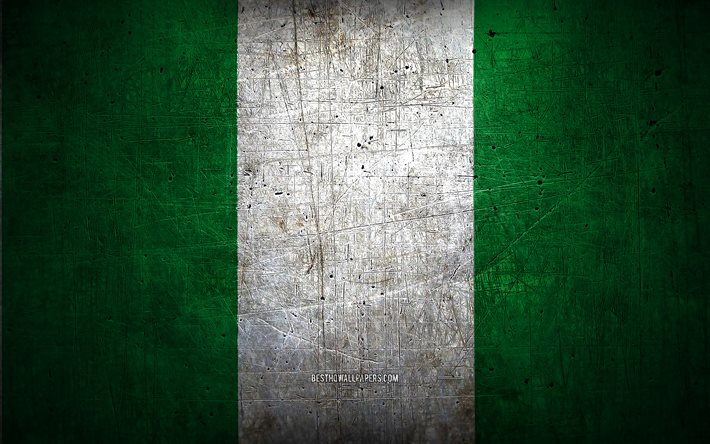 Nigerian metallilippu, grunge-taide, Afrikan maat, Nigerian p&#228;iv&#228;, kansalliset symbolit, Nigerian lippu, metalliliput, Afrikka, Nigeria