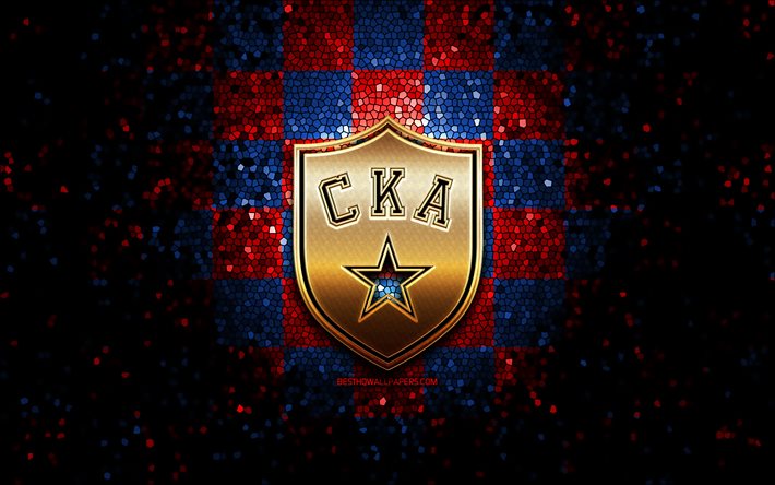 SKA St Petersburg, logo glitter, KHL, sfondo a scacchi blu rosso, hockey, Kontinental Hockey League, logo SKA St Petersburg, arte del mosaico, squadra di hockey russa