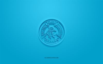 Hong Kong Rangers FC, logotipo 3D criativo, fundo azul, Hong Kong Premier League, emblema 3D, Hong Kong Football Club, Hong Kong, arte 3D, futebol, logotipo do Hong Kong Rangers FC