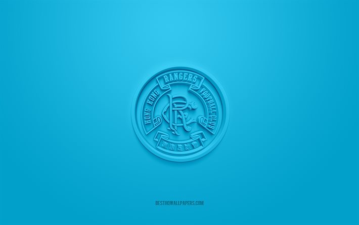 香港流浪足球, クリエイティブな3Dロゴ, 青い背景, 香港プレミアリーグ, 3Dエンブレム, 香港フットボールクラブ, 香港, 3Dアート, フットボール。, 香港レンジャーズFCのロゴ