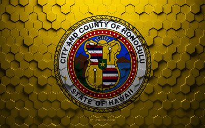 Bandeira de Honolulu, arte em favo de mel, bandeira em hex&#225;gonos de Honolulu, Honolulu, arte em hex&#225;gonos em 3D, bandeira de Honolulu