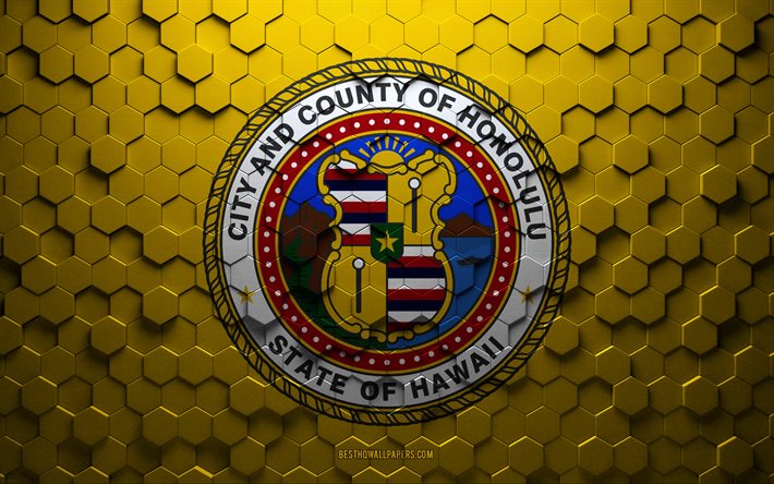 Drapeau d&#39;Honolulu, art en nid d&#39;abeille, drapeau des hexagones d&#39;Honolulu, Honolulu, art des hexagones 3d, drapeau d&#39;Honolulu
