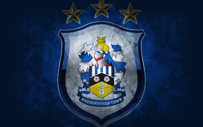 Huddersfield Town AFC, equipo de f&#250;tbol ingl&#233;s, fondo azul, logotipo de Huddersfield Town AFC, arte grunge, Campeonato de EFL, Huddersfield, f&#250;tbol, Inglaterra, emblema de Huddersfield Town AFC