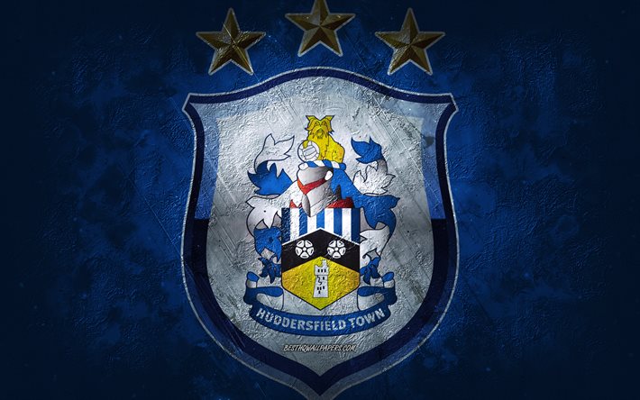 Huddersfield Town AFC, engelska fotbollslag, bl&#229; bakgrund, Huddersfield Town AFC-logotyp, grunge konst, EFL Championship, Huddersfield, fotboll, England, Huddersfield Town AFC emblem