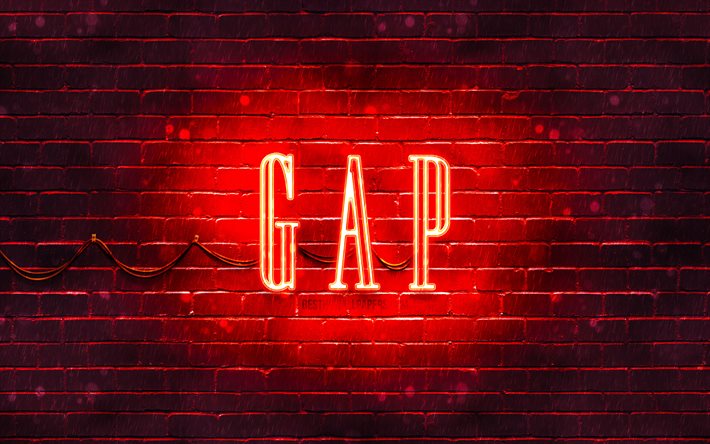 Logotipo vermelho GAP, 4k, parede de tijolos vermelhos, logotipo GAP, marcas de moda, logotipo n&#233;on GAP, GAP