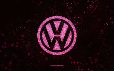 Logotipo de Volkswagen brillo, 4k, fondo negro, logotipo de Volkswagen, arte de brillo rosa, Volkswagen, arte creativo, logotipo de brillo rosa de Volkswagen