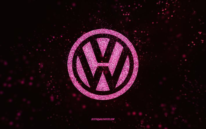 Volkswagen glitter-logotyp, 4k, svart bakgrund, Volkswagen-logotyp, rosa glitterkonst, Volkswagen, kreativ konst, Volkswagen rosa glitterlogo
