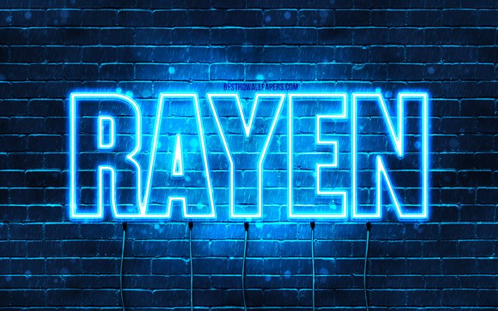 Rayen, 4k, pap&#233;is de parede com nomes, nome de Rayen, luzes de n&#233;on azuis, Feliz Anivers&#225;rio Rayen, nomes masculinos &#225;rabes populares, foto com o nome de Rayen