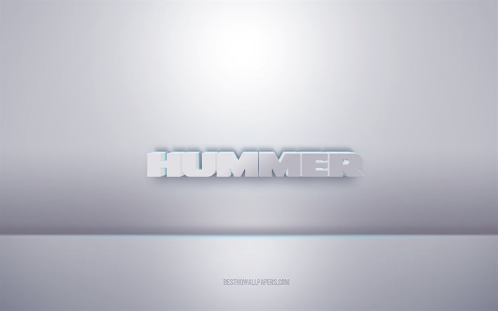 Hummer 3d beyaz logo, gri arka plan, Hummer logosu, yaratıcı 3d sanat, Hummer, 3d amblem