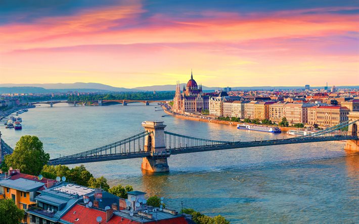 Budapest, Palazzo del Parlamento ungherese, Danubio, sera, tramonto, paesaggio urbano di Budapest, panorama di Budapest, Ungheria