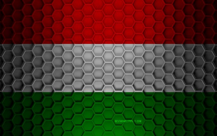Bandeira da Hungria, textura de hex&#225;gonos 3D, Hungria, textura 3D, bandeira da Hungria 3D, textura de metal, bandeira da Hungria